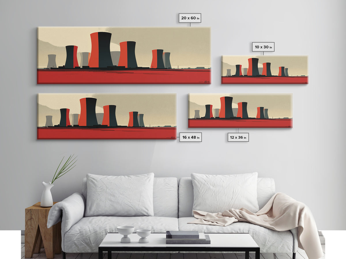 Minimal Cooling Towers On Red Plain Canvas Print, Midcentury Modern Industrial Landscape, Atomic Power Plant Wall Decor Art