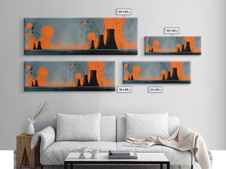 Orange Atomic Cooling Towers At Dusk Wall Art, Midcentury Modern Industrial Landscape, Retro Abstract Power Plant Decor Print