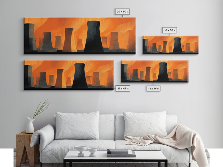 Black Cooling Tower Silhouettes In Orange Heat Canvas Print, Midcentury Modern Industrial Wall Art, Bold Atomic Decor Poster