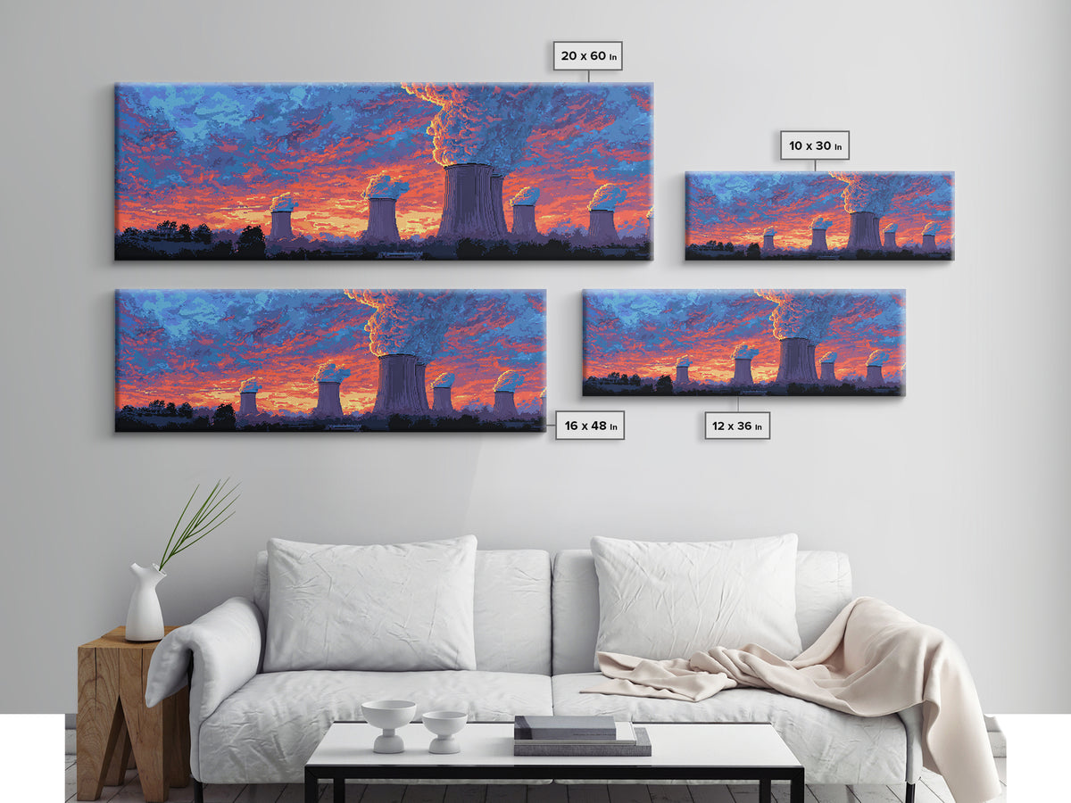 Purple Cooling Towers Under Fiery Sunset Framed Canvas Print, Retro Industrial Wall Art, Colorful Modern Landscape Decor
