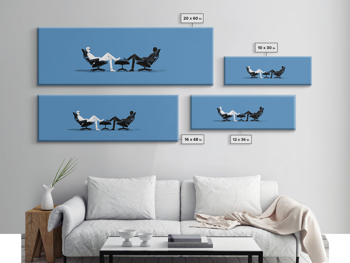 Two Minimal Figures In Lounge Chairs Wall Art, Midcentury Modern Therapy Office Decor, Blue Retro Abstract Art Print Poster