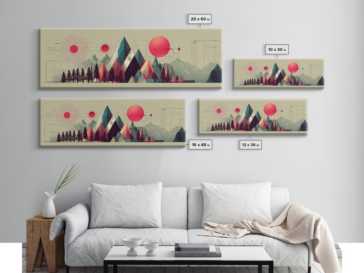 Pink Sun Geometric Mountains Wall Art, Midcentury Modern Art Print, Abstract Landscape Poster, Colorful Office Decor Gift