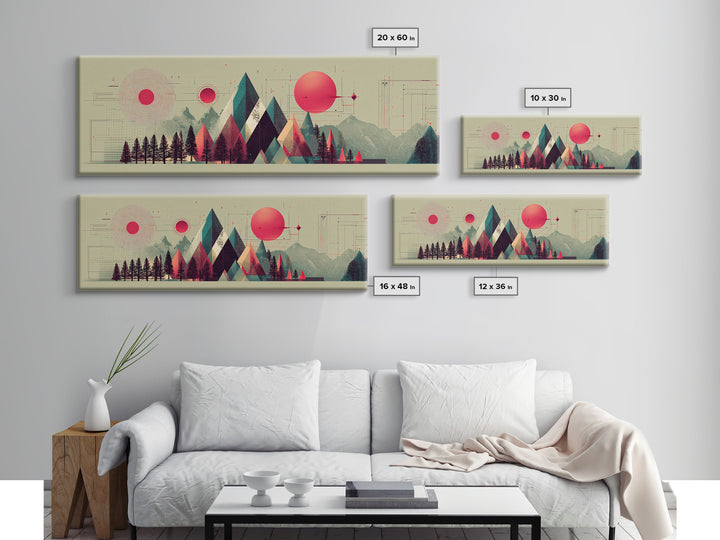 Pink Sun Geometric Mountains Wall Art, Midcentury Modern Art Print, Abstract Landscape Poster, Colorful Office Decor Gift