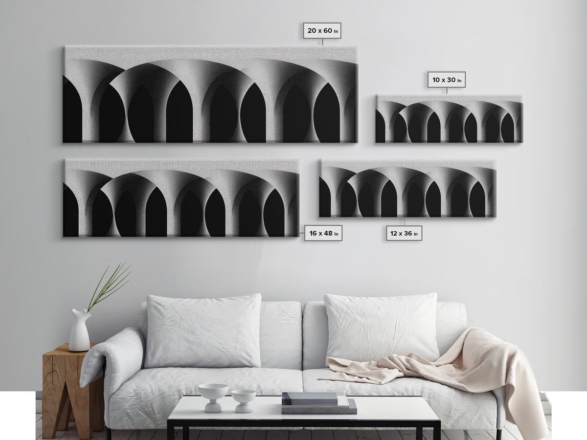 Minimal Black White Arches Canvas Print, Modern Architectural Wall Decor, Monochrome Midcentury Abstract Poster For Office