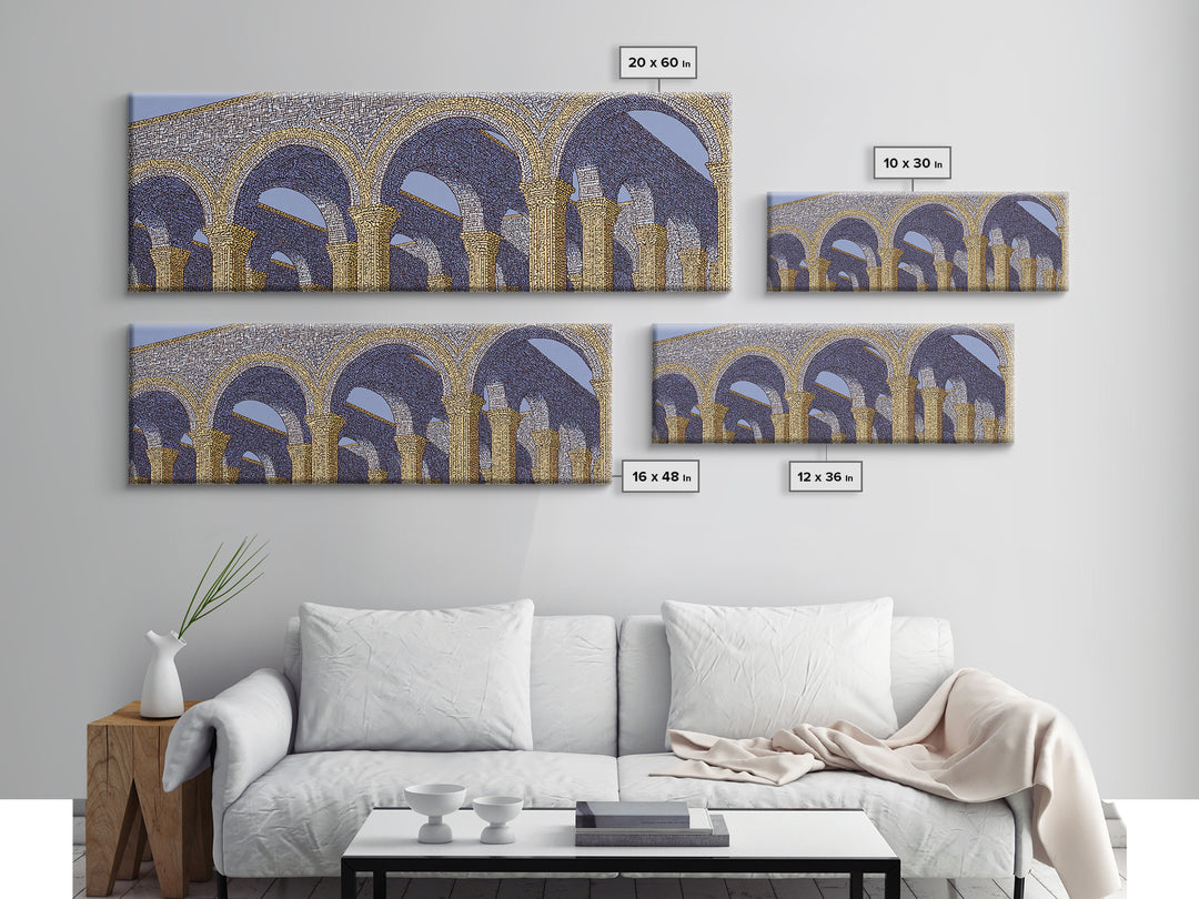 Golden Blue Moorish Arches Framed Canvas Print, Architectural Wall Art, Mediterranean Decor, Elegant Colonnade Poster Gift