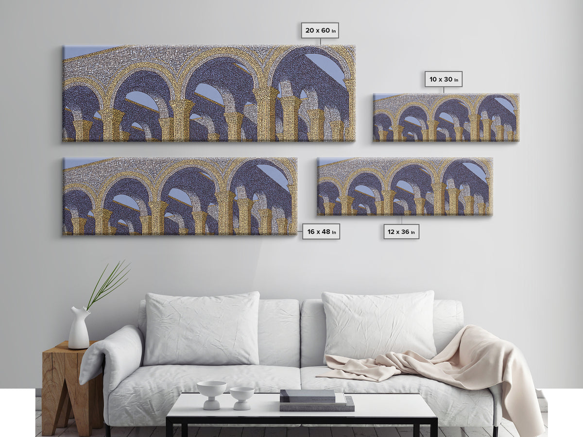 Golden Blue Moorish Arches Framed Canvas Print, Architectural Wall Art, Mediterranean Decor, Elegant Colonnade Poster Gift