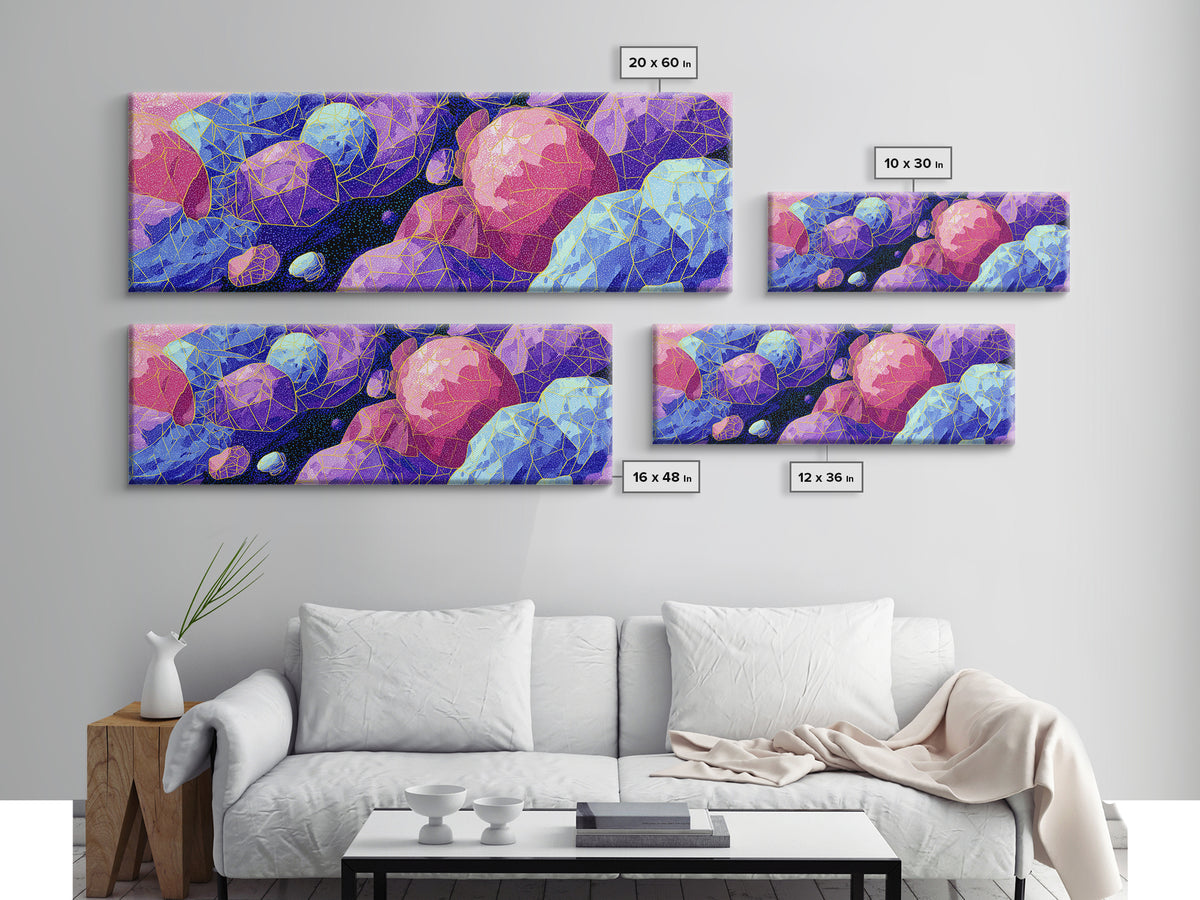 Vibrant Polygon Space Rocks Canvas Print, Cosmic Abstract Wall Art, Colorful Sci Fi Decor, Modern Geometric Poster Gift Idea