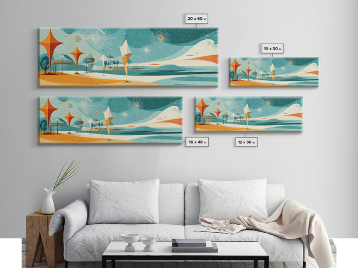 Retro Abstract Beach Waves Canvas Print, Atomic Coastal Wall Art, Midcentury Modern Decor, Orange Teal Poster For Beach House