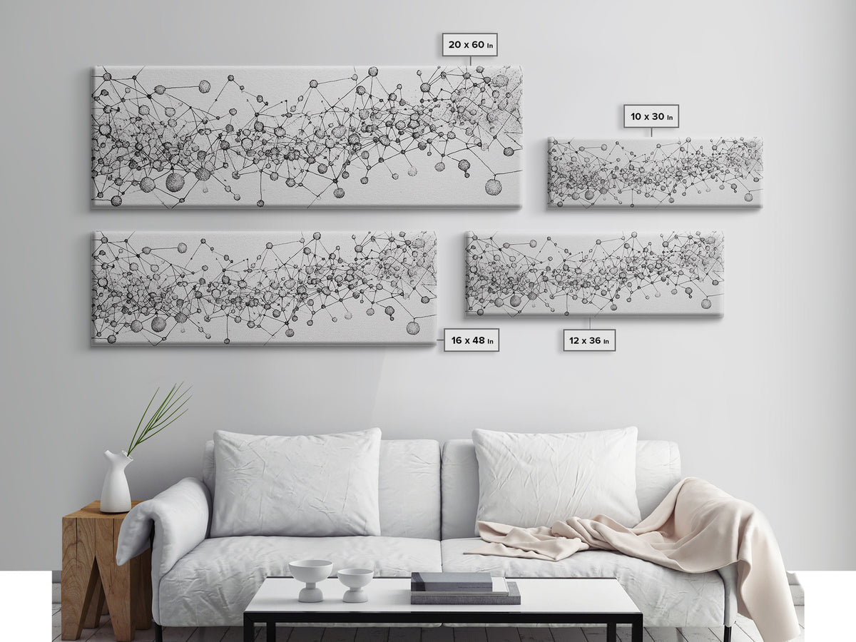 Black White Molecular Network Wall Art, Scientific Abstract Line Poster, Modern Minimalist Office Decor, Canvas Print Gift