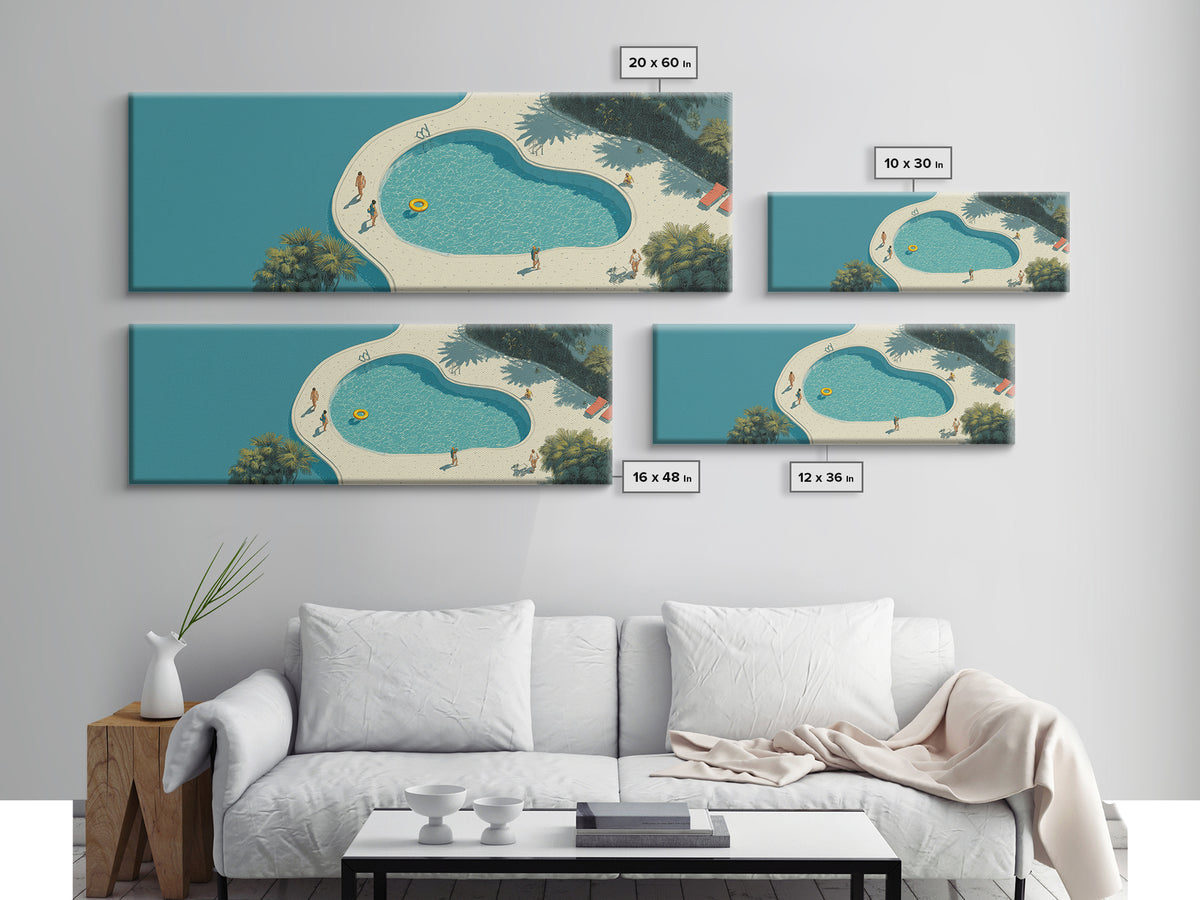 Aerial Turquoise Pool Beside Blue Water Canvas Print, Minimalist Wall Art, Midcentury Modern Decor, Coastal Resort Poster