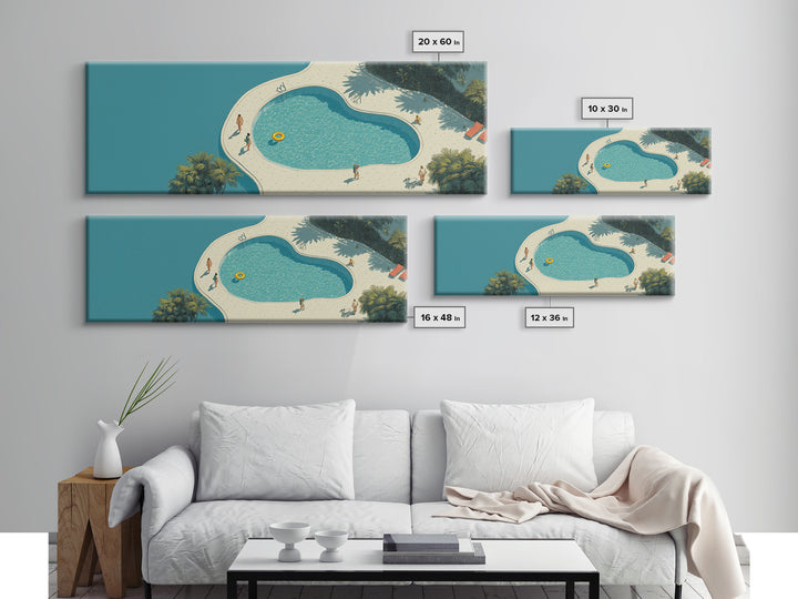 Aerial Turquoise Pool Beside Blue Water Canvas Print, Minimalist Wall Art, Midcentury Modern Decor, Coastal Resort Poster