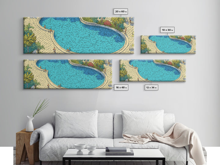 Bright Blue Resort Pool With Stone Terrace Wall Art, Midcentury Modern Print, Tropical Garden Decor, Large Canvas Poster