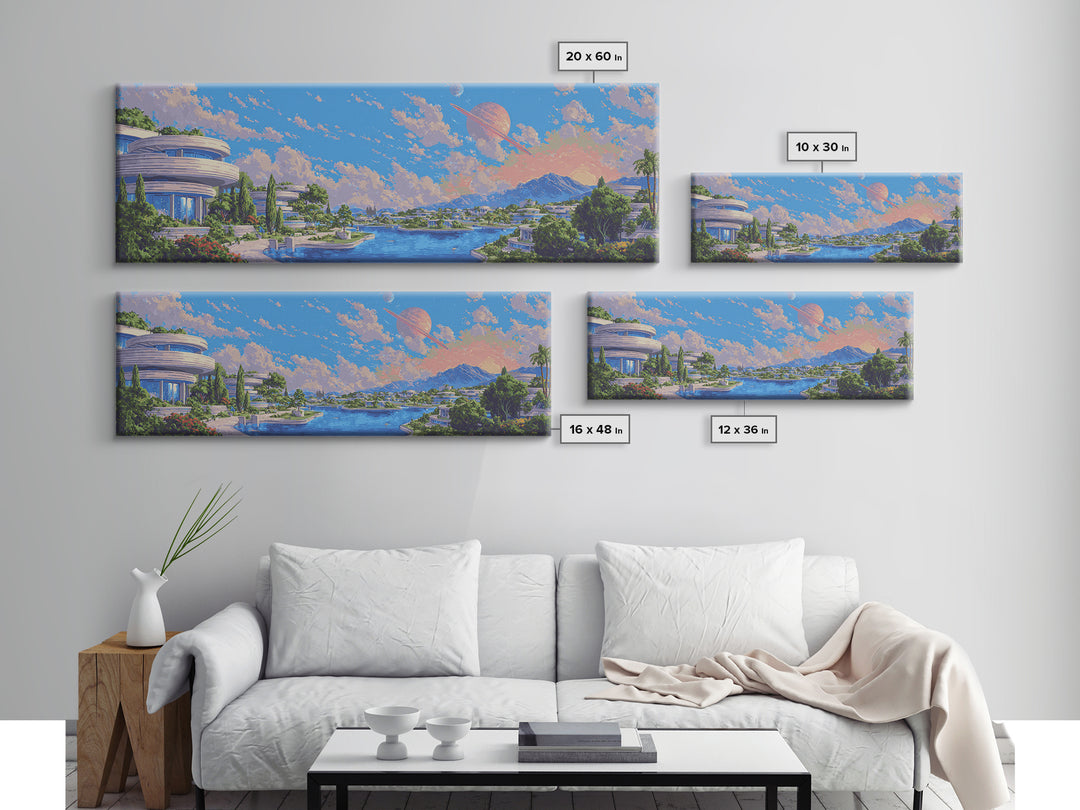 Futuristic Lakeside City With Planets Wall Art, Midcentury Modern Poster, Retro Sci Fi Decor, Scenic Landscape Canvas Print