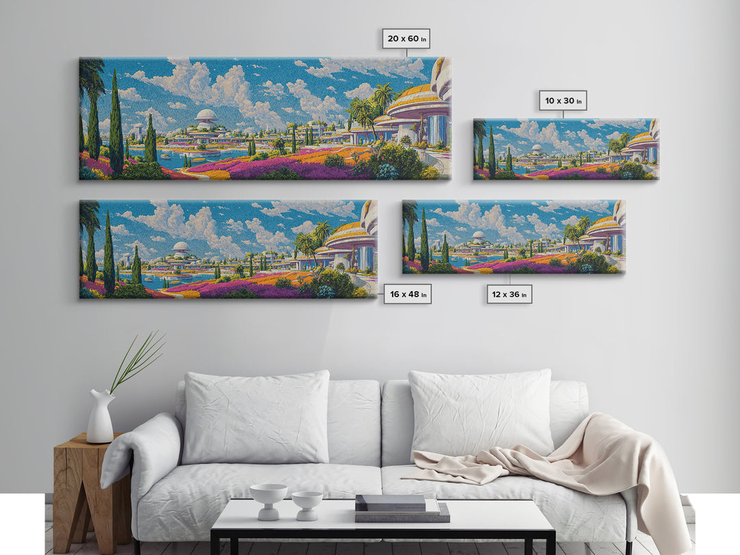 Utopian Waterfront Futurist City Wall Art, Mid Century Modern Travel Poster, Retro Modern Home Decor, Panoramic Canvas Print