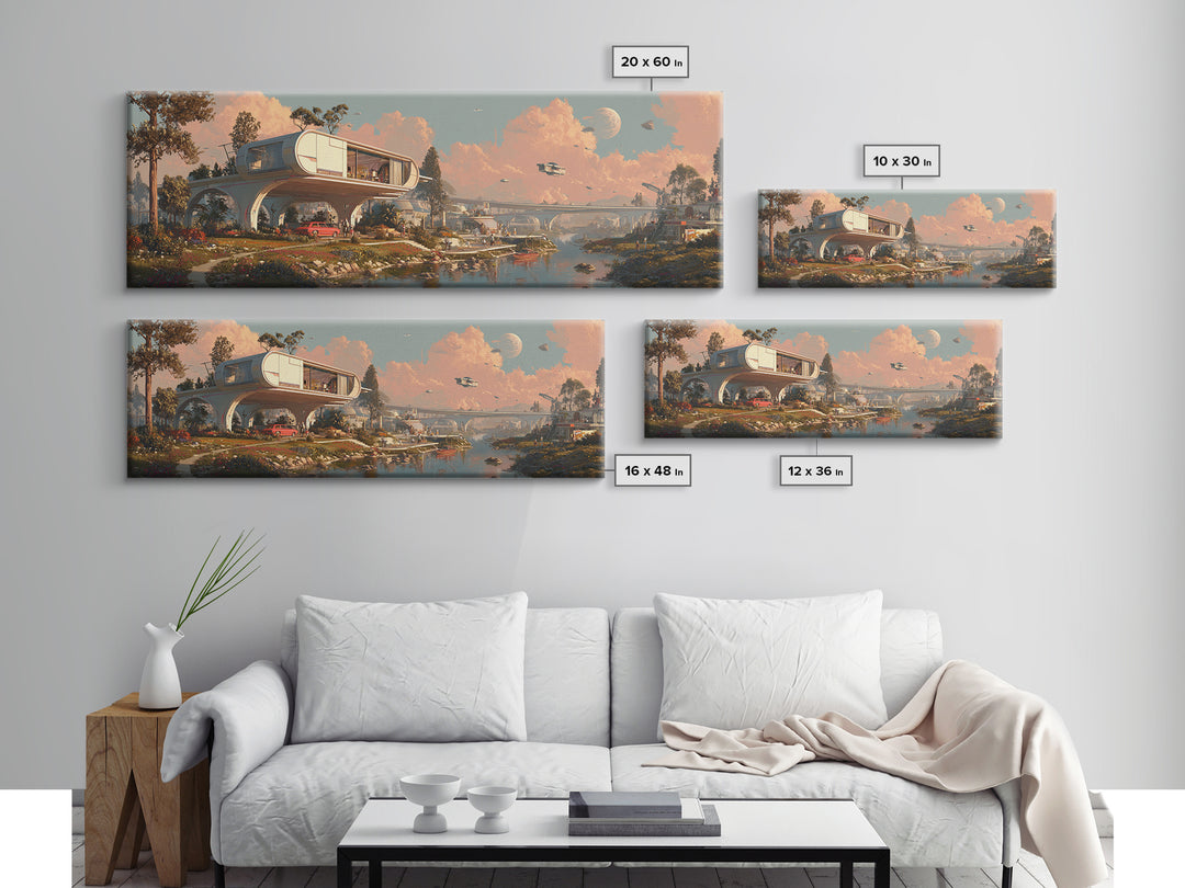 Retro Future Stilt House At Moonlit Marsh Wall Art, Mid Century Modern Architecture Poster, MCM Decor, Panoramic Canvas Print
