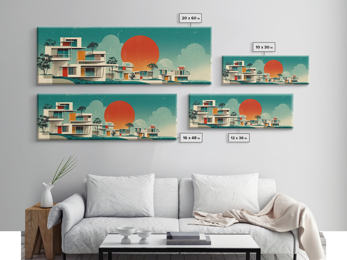 Modernist White Villas With Orange Sun Wall Art, Mid Century Modern Architecture, Palm Springs Decor, Teal Panoramic Print