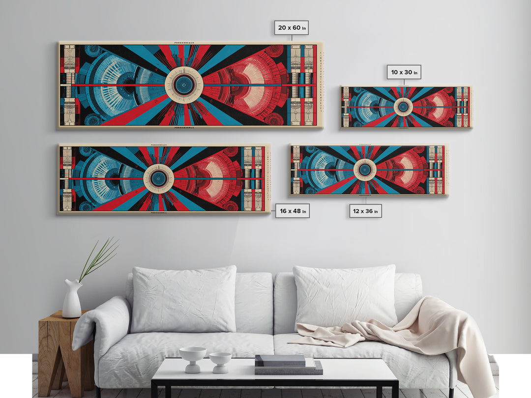 Red And Blue Technical Mandala Wall Art, Mid Century Abstract Geometric Poster, Atomic Modern Decor, Panoramic Canvas Print