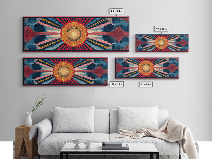 Cosmic Golden Sunburst Space Chart Wall Art, Mid Century Modern Abstract, Atomic Retro Poster, Blue Red Panoramic Canvas Print
