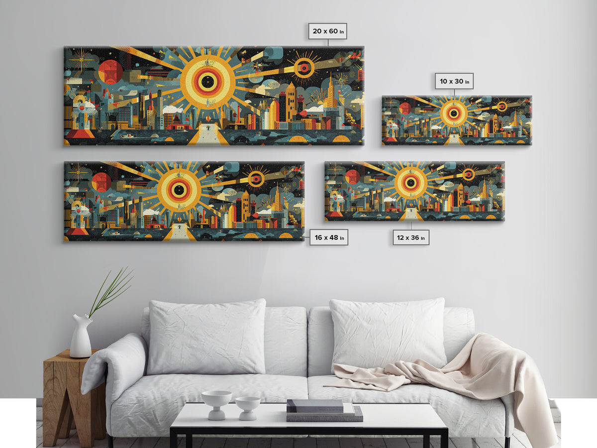 Atomic City Skyline Under Giant Sun Wall Art, Mid Century Modern Urban Poster, Retro Modern Home Decor, Panoramic Canvas Print