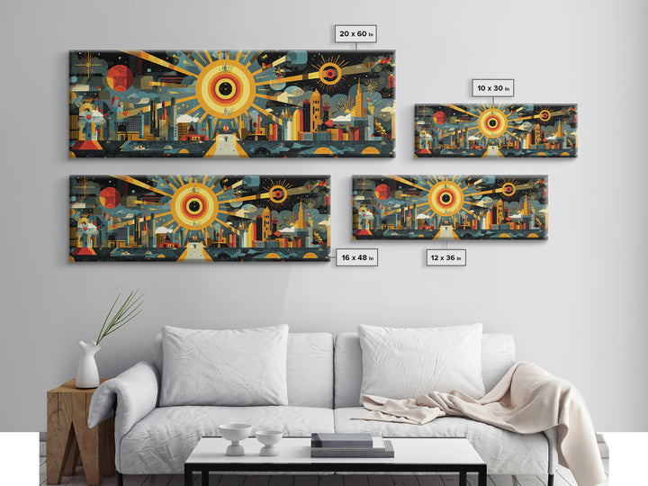 Atomic City Skyline Under Giant Sun Wall Art, Mid Century Modern Urban Poster, Retro Modern Home Decor, Panoramic Canvas Print