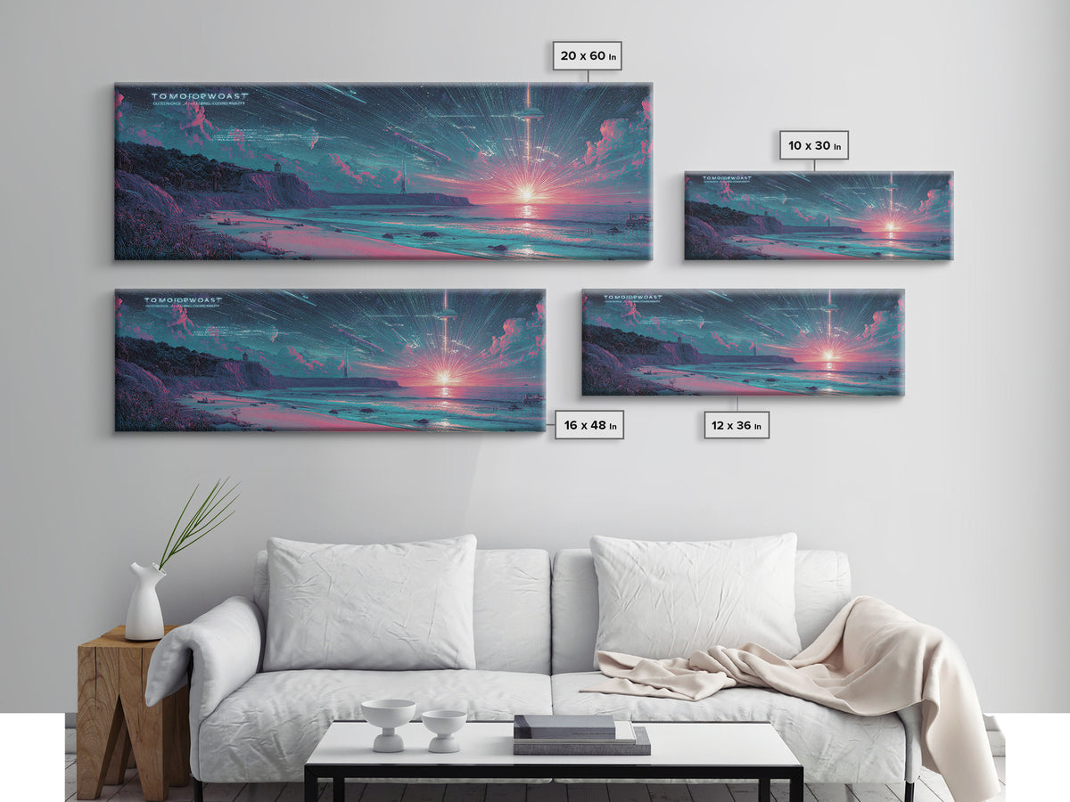 Futuristic Neon Beach Sunset With Star Trails, Sci Fi Coastal Wall Art, Retro Modern Poster, Space Abstract Art Print Decor