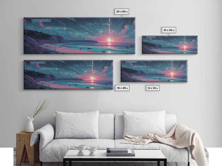 Futuristic Neon Beach Sunset With Star Trails, Sci Fi Coastal Wall Art, Retro Modern Poster, Space Abstract Art Print Decor