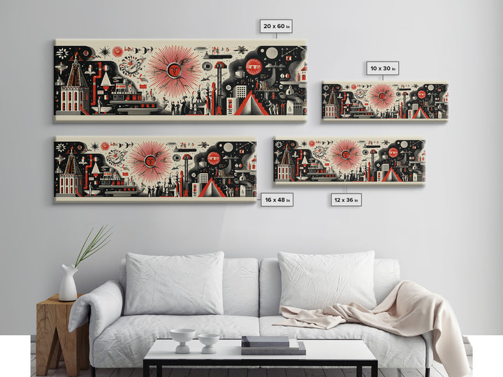 Surreal Red Sun Town Collage Wall Art, Mid Century Modern Folk Abstract Poster, Black Cream Retro Decor, Panoramic Canvas Print