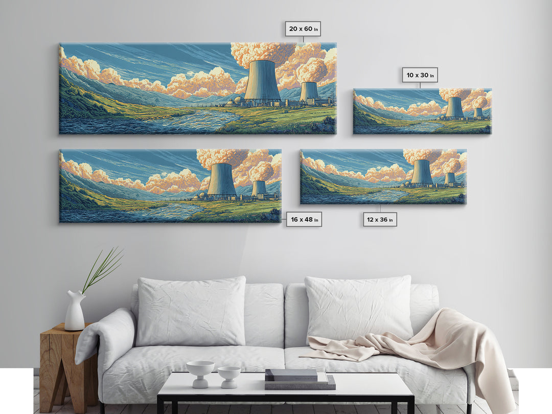River Valley Nuclear Towers Framed Canvas Print, Scenic Retro Wall Art, Midcentury Modern Decor, Landscape Poster, Home Office Art