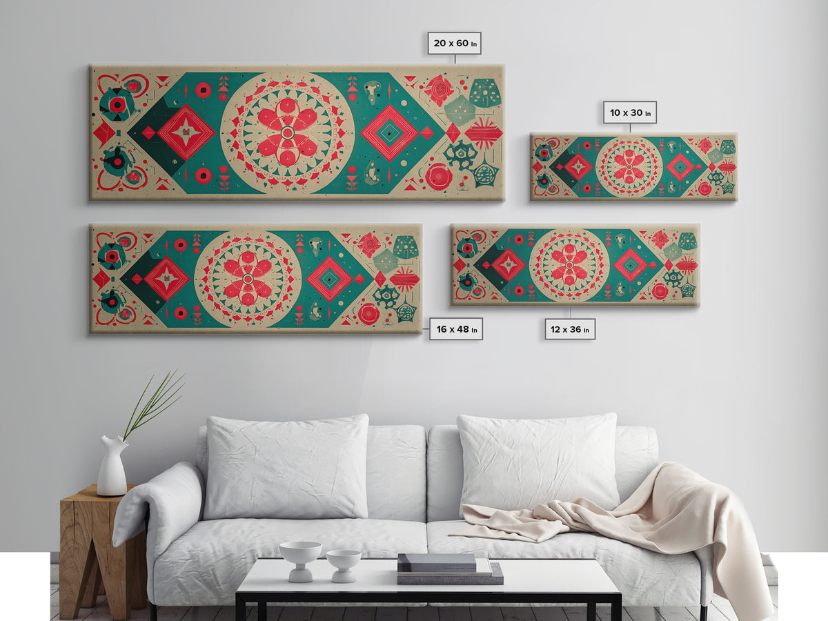 Red Green Mandala Flowers And Diamonds Canvas Print, Geometric Wall Art, Midcentury Modern Decor, Retro Pattern Poster, Home Decor