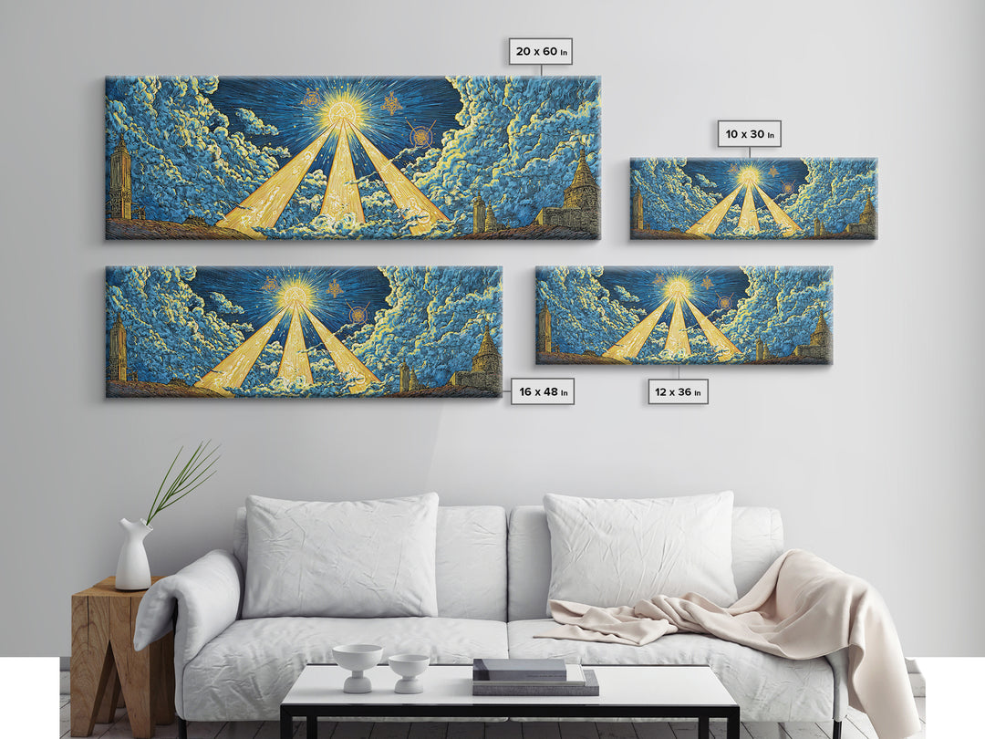 Golden Light Beams Through Clouds Framed Canvas Print, Spiritual Wall Art, Midcentury Modern Poster, Celestial Decor, Sci Fi Wall Decor