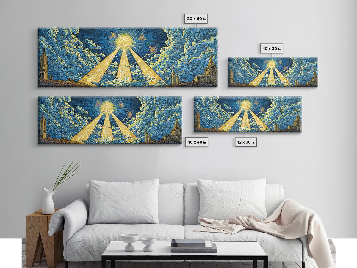 Golden Light Beams Through Clouds Framed Canvas Print, Spiritual Wall Art, Midcentury Modern Poster, Celestial Decor, Sci Fi Wall Decor