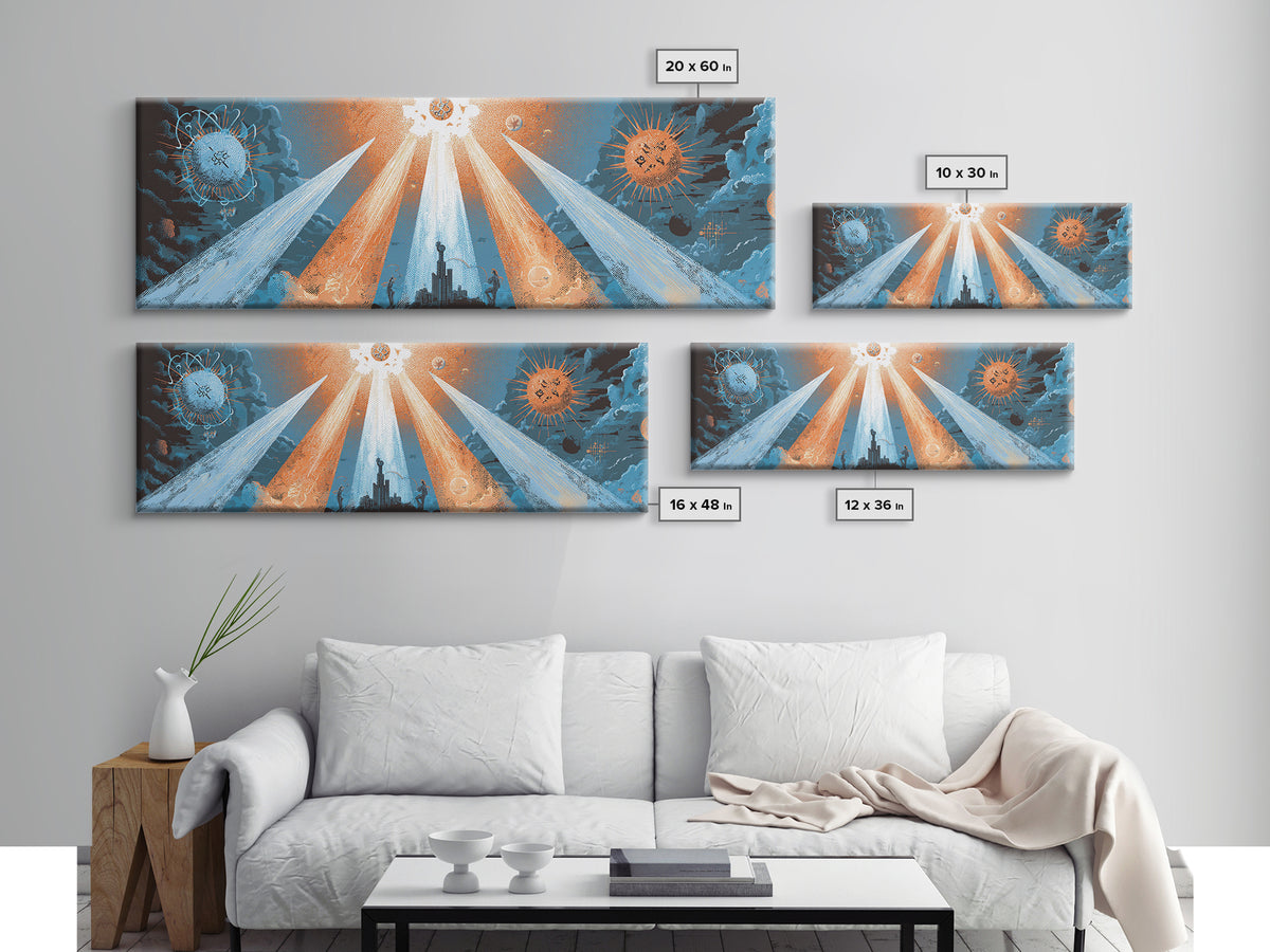 Planetary Spotlights Over Futuristic City Canvas Print, Space Abstract Art, Modern Wall Decor, Retro Sci Fi Poster, Home Office Art
