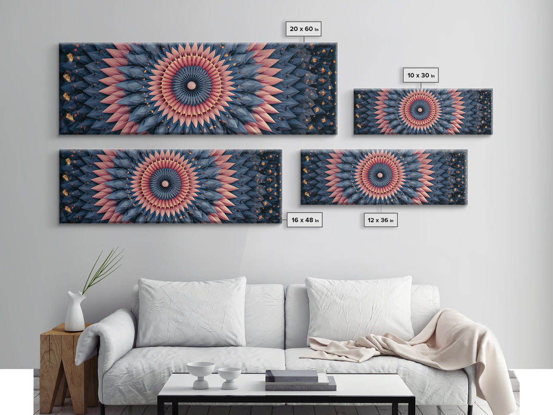 Layered Pink And Navy Geometric Mandala Wall Art, Midcentury Modern Abstract Canvas, Retro MCM Decor, Large Print, Home Decor