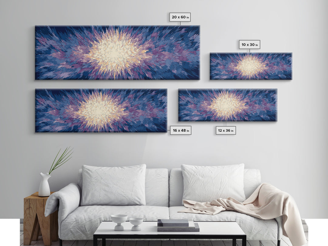 Radiant Blue Purple Starburst Wall Art, Modern Abstract Art Print, Cosmic Retro Decor, Living Room Statement Canvas Print