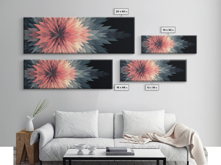 Blush Coral Geometric Flower Canvas Print, Midcentury Modern Wall Art, Abstract Starburst Decor, Large Horizontal Print Gift