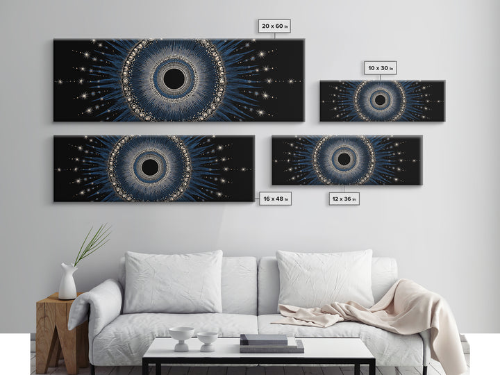 Blue Celestial Eclipse Wall Art, Art Deco Sunburst Mandala, Modern Abstract Print, Gothic Cosmic Framed Canvas Print Decor