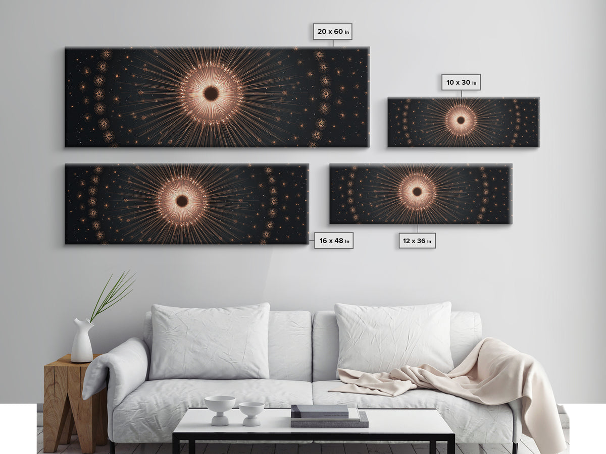 Copper Gold Eclipse Sunburst Wall Art, Modern Art Deco Canvas Print, Cosmic Celestial Decor, Black Gold Statement Print Gift