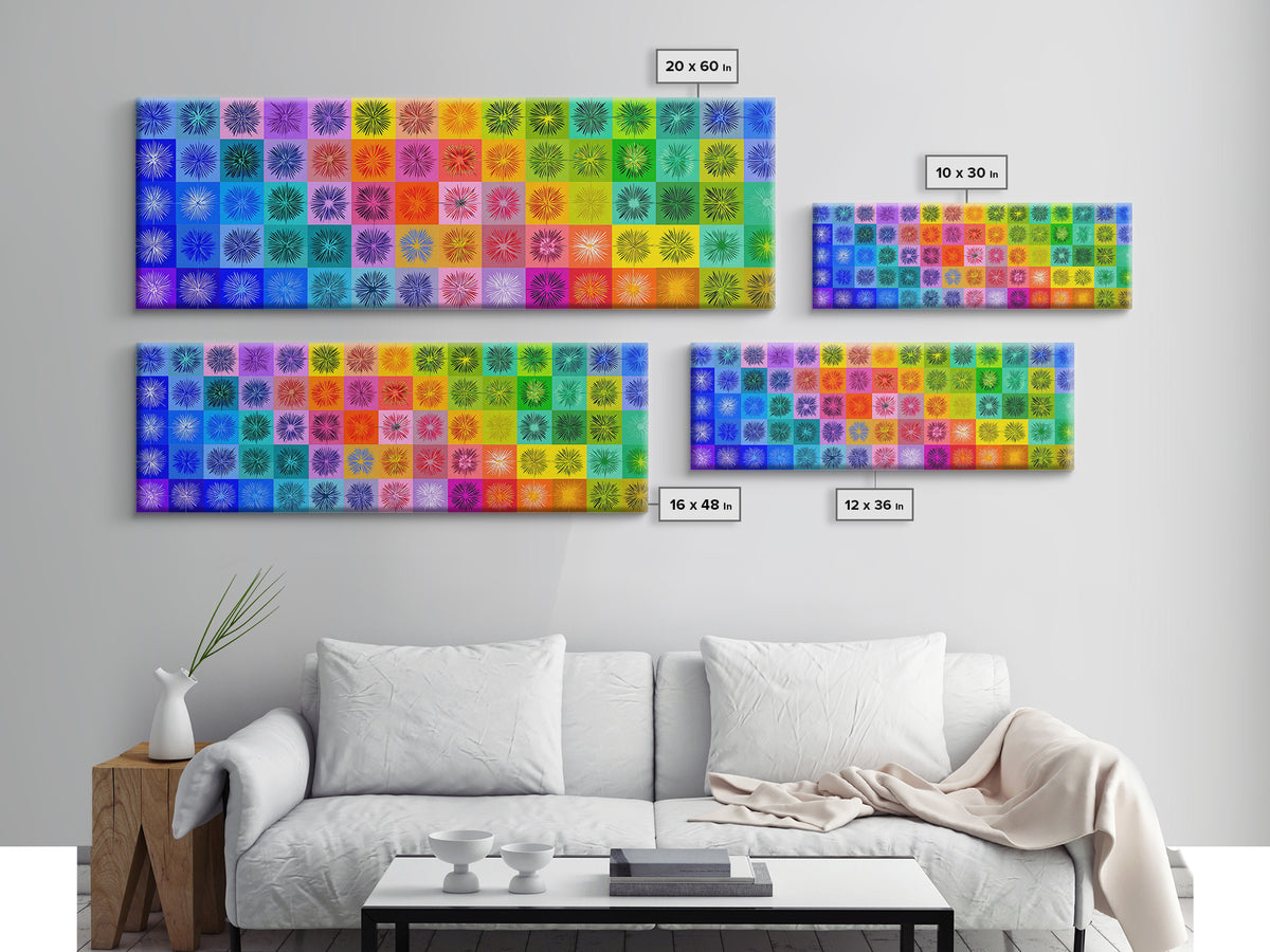 Colorful Pop Art Starburst Grid Wall Art, Retro Geometric Poster, Midcentury Modern Decor, Bright Abstract Canvas Print Set