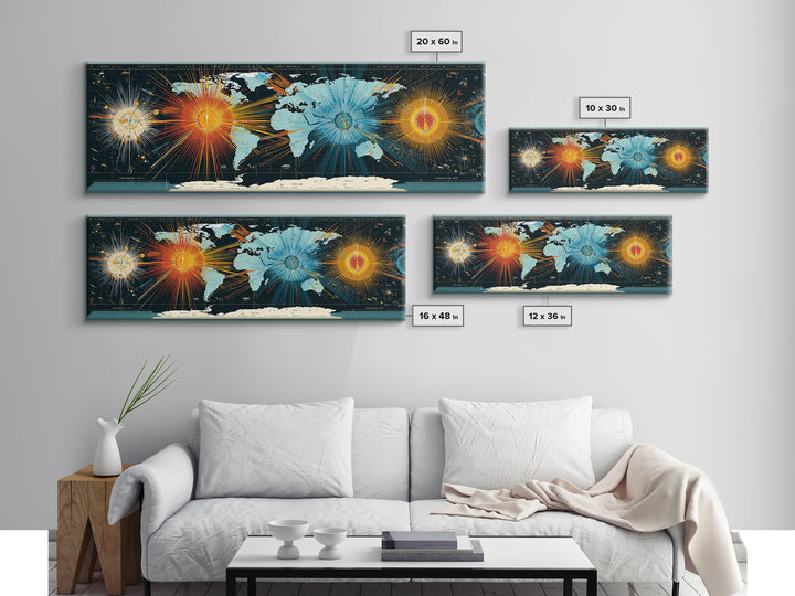 World Map Sunburst Network With Celestial Nodes, Canvas Print, Modern Wall Art, Geographic Abstract Poster For Office Decor