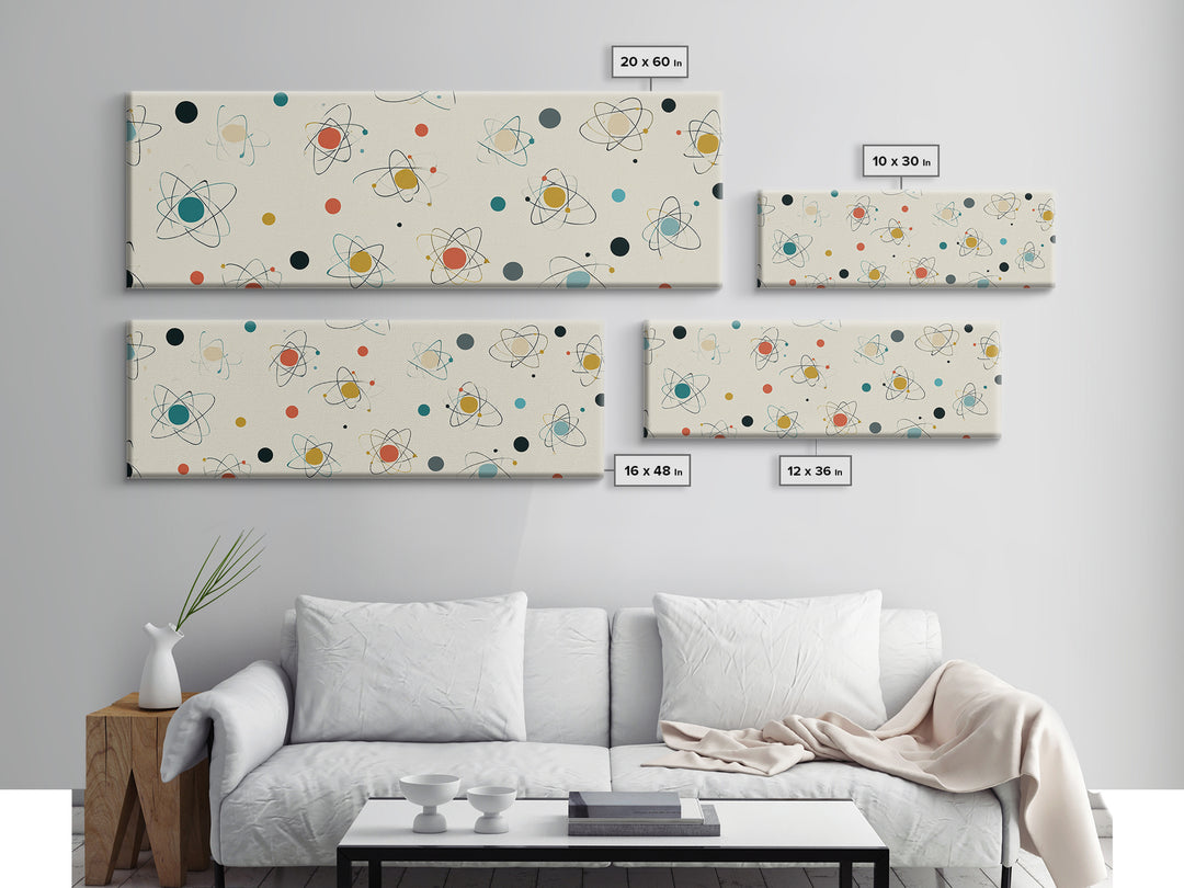 Retro Atom Pattern Canvas Print, Mid Century Modern Wall Decor, Atomic Science Art, Minimal Geometric Poster, MCM Home Decor