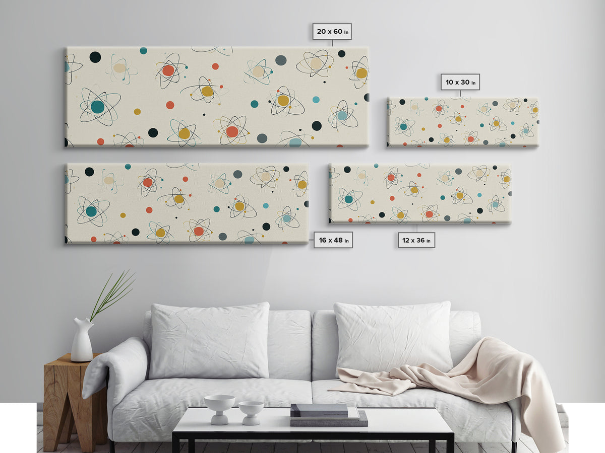 Retro Atom Pattern Canvas Print, Mid Century Modern Wall Decor, Atomic Science Art, Minimal Geometric Poster, MCM Home Decor