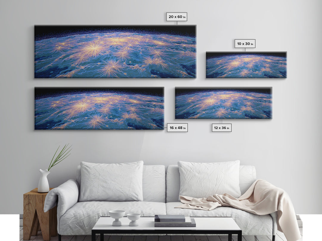 Earth From Orbit With Electric Light Bursts, Framed Canvas Print, Space Abstract Art, Modern Wall Decor For Home Office Decor