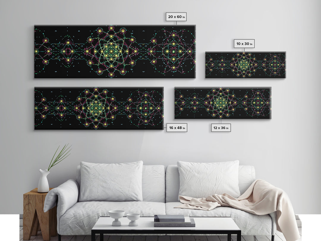 Neon Atomic Mandala Wall Art, Mid Century Modern Space Decor, Retro Science Poster, Psychedelic Geometric MCM Print, Black Wall Decor