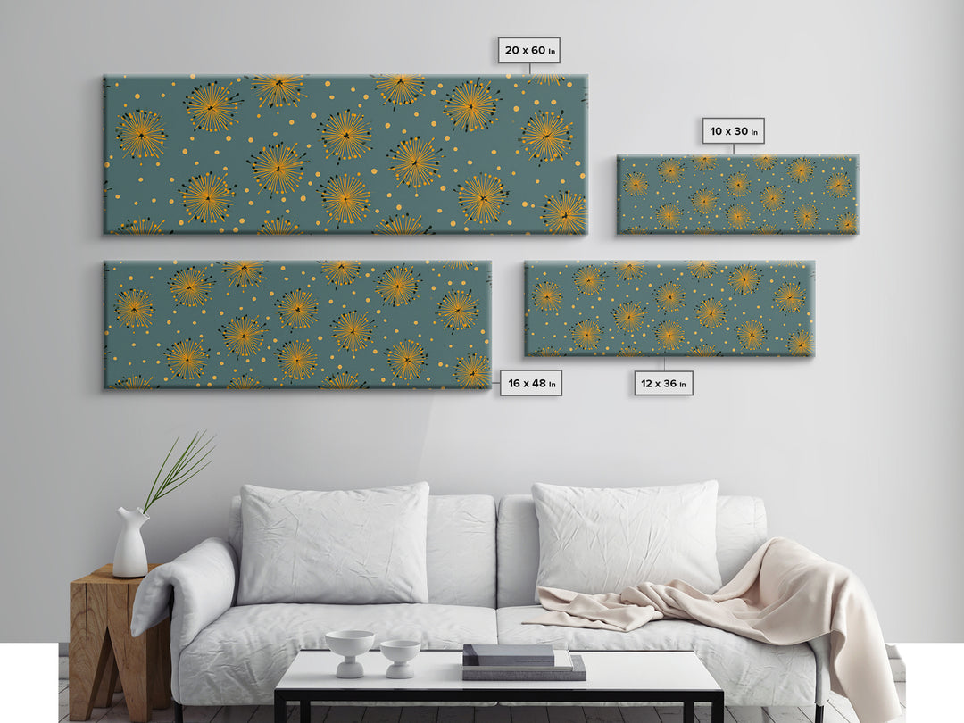 Yellow Starburst Floral Wall Art, Mid Century Modern Print, Retro Atomic Pattern Poster, Teal Kitchen Decor, MCM Art Print