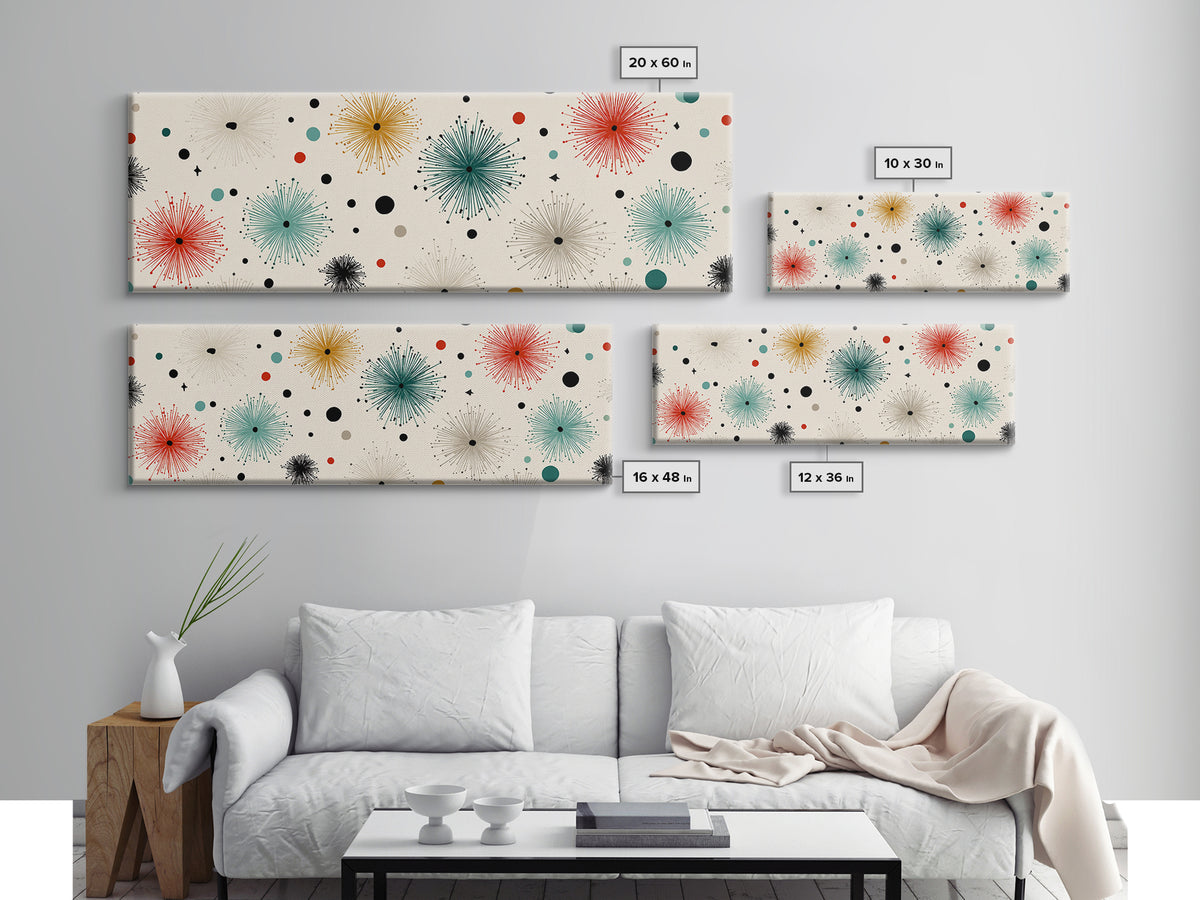 Multicolor Atomic Starburst Wall Art, Mid Century Modern Print, Retro Confetti Pattern Poster, Cream Background MCM Decor