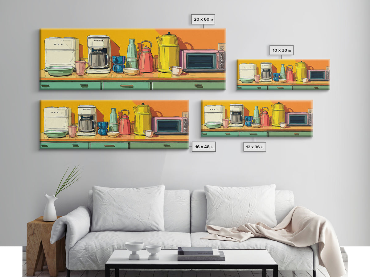 Orange Countertop Coffee Appliances Wall Art, Mid Century Modern Kitchen Print, Retro Toaster Kettle Decor, MCM Poster Print