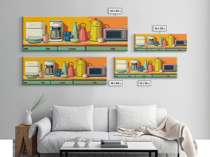 Orange Countertop Coffee Appliances Wall Art, Mid Century Modern Kitchen Print, Retro Toaster Kettle Decor, MCM Poster Print