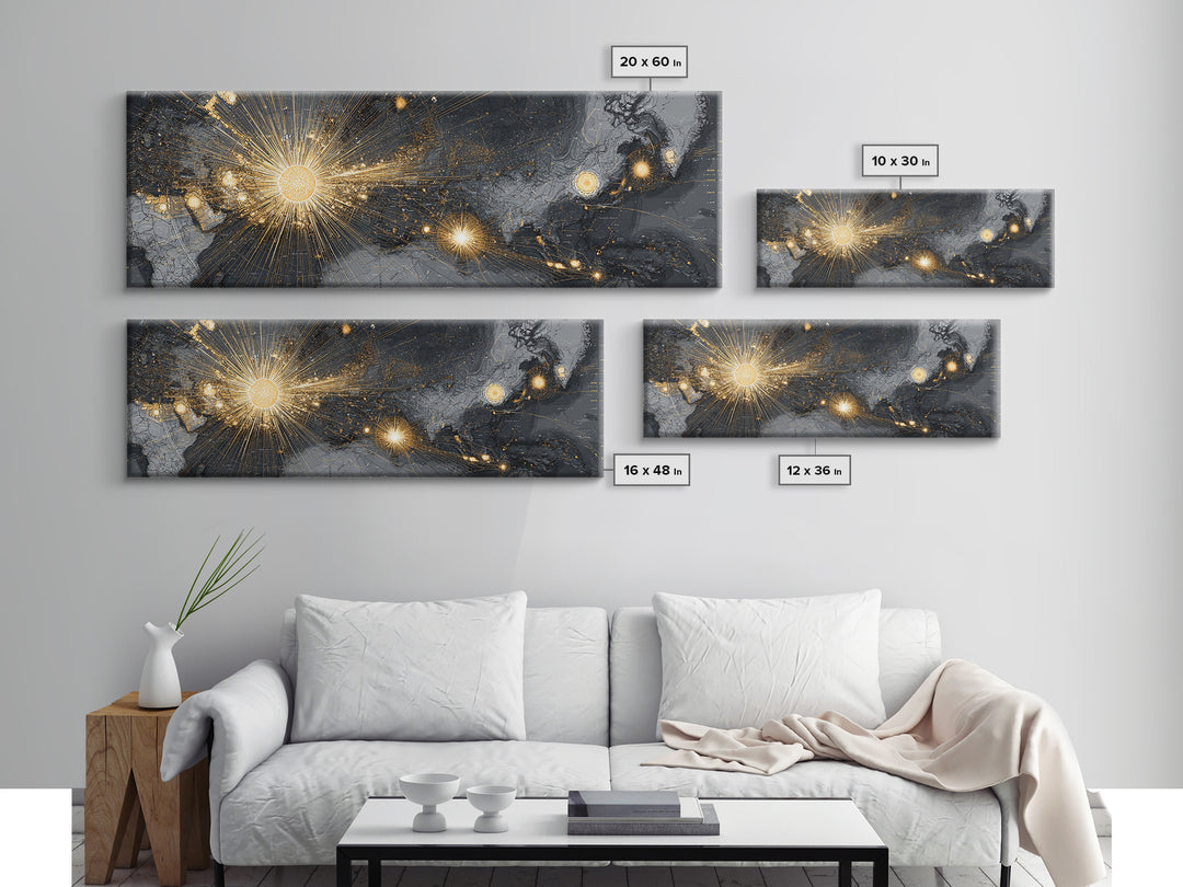 Gold And Charcoal World Map With Radiant Network Lights, Wall Art, Modern Abstract Art Print, Office Decor Statement Poster
