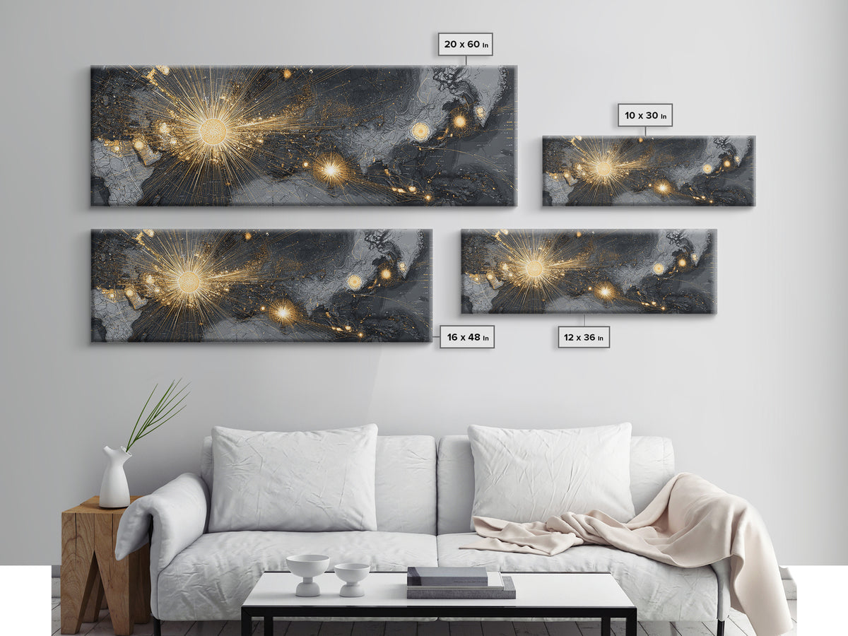 Gold And Charcoal World Map With Radiant Network Lights, Wall Art, Modern Abstract Art Print, Office Decor Statement Poster