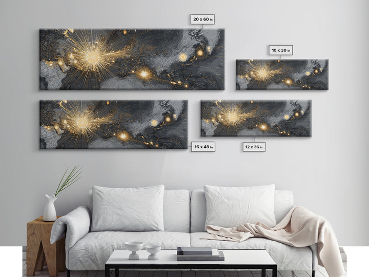 Gold And Charcoal World Map With Radiant Network Lights, Wall Art, Modern Abstract Art Print, Office Decor Statement Poster